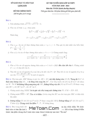 Đề thi tuyển sinh lớp 10 môn Toán (chuyên) năm 2020 - 2021 Sở GD&ĐT Lạng Sơn