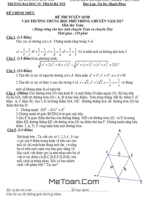 Đề thi tuyển sinh lớp 10 môn Toán trường THPT Chuyên ĐH Sư phạm Hà Nội năm 2017-2018 (Vòng 2)