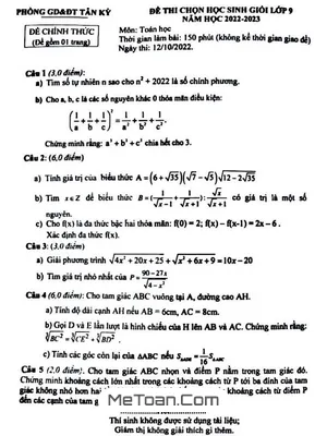 Đề thi chọn học sinh giỏi Toán 9 năm 2022 - 2023 phòng GD&ĐT Tân Kỳ - Nghệ An