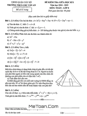 Đề Thi Giữa Học Kì 1 Toán 8 Năm 2024 - 2025 Trường THCS Chu Văn An - Hà Nội