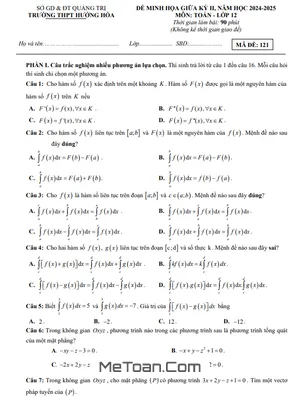 Đề Minh Họa Giữa Kỳ 2 Toán 12 Năm 2024 - 2025 Trường THPT Hướng Hóa - Quảng Trị
