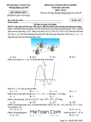 Đề Thi Cuối Học Kì 1 Toán 12 Năm 2025 – 2026 Sở GD&ĐT Cần Thơ Có Đáp Án