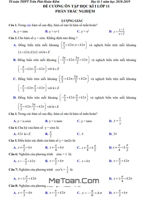 Đề Cương Ôn Tập Học Kì 1 Toán 11 Năm 2018 - 2019 Trường THPT Trần Phú - Hà Nội