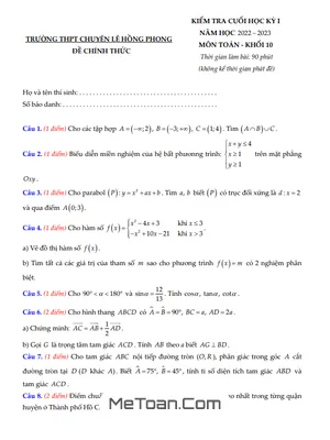 Đề Cuối Kỳ 1 Toán 10 Năm 2022-2023 Trường Chuyên Lê Hồng Phong - TP.HCM