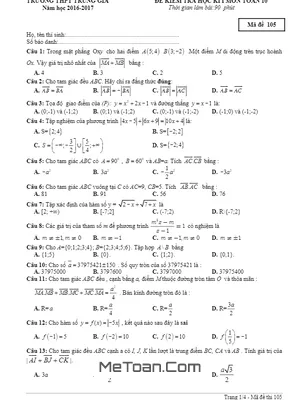 Bộ Đề thi HK1 Toán 10 năm học 2016 - 2017 trường THPT Trung Giã - Hà Nội (có đáp án)