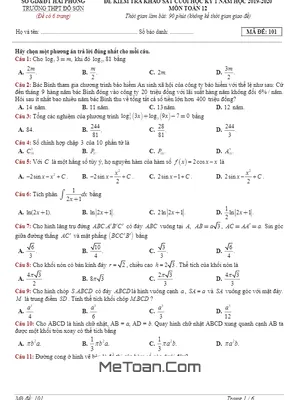 Đề KSCL cuối HK1 Toán 12 năm 2019 - 2020 trường THPT Đồ Sơn - Hải Phòng