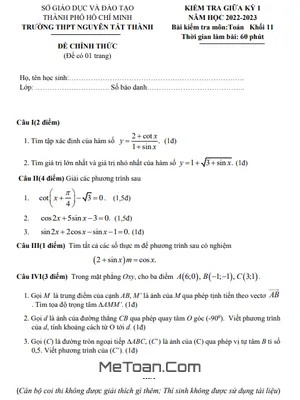Đề Thi Giữa Kỳ 1 Toán 11 Năm 2022 - 2023 Trường THPT Nguyễn Tất Thành - TP.HCM