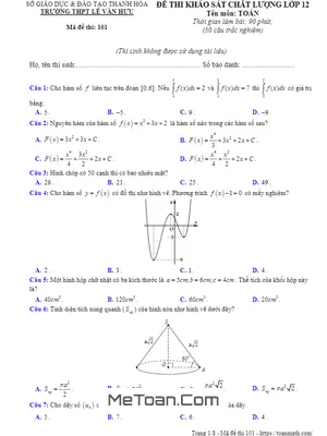 Đề thi KSCL Toán 12 năm 2018 - 2019 trường THPT Lê Văn Hưu - Thanh Hóa