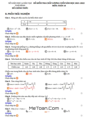 Đề thi học kì 2 môn Toán lớp 10 năm 2021 - 2022 sở GD&ĐT Thái Bình