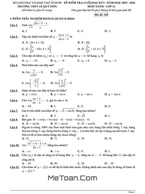 Đề học kì 1 Toán 11 năm 2023 - 2024 trường THPT Lê Quý Đôn - TP HCM