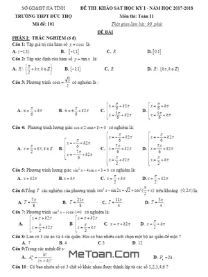 Đề thi khảo sát HK1 Toán 11 năm học 2017 - 2018 trường THPT Đức Thọ - Hà Tĩnh