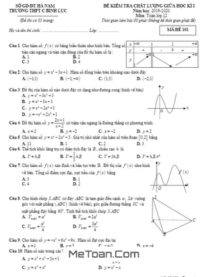 Đề thi giữa kì 1 Toán 12 năm 2019 - 2020 trường THPT C Bình Lục - Hà Nam (có đáp án)