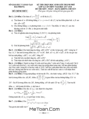 Đề thi chọn HSG thành phố Toán 12 năm học 2017 - 2018 sở GD&ĐT Hải Phòng (Không chuyên)