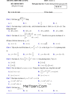 Đề thi học kì 2 Toán 11 năm 2019 - 2020 trường THPT Phú Lương - Thái Nguyên