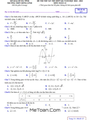 Bộ Đề thi thử THPT Quốc gia 2023 môn Toán trường THPT Hồng Lĩnh – Hà Tĩnh (có đáp án)