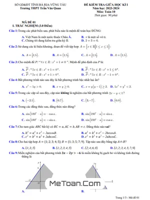 Đề giữa kì 1 Toán 10 năm 2023 – 2024 trường THPT Trần Văn Quan – BR VT
