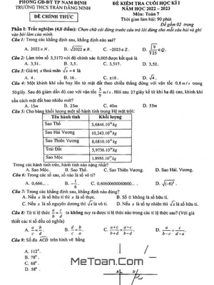 Đề Thi Học Kì 1 Toán 7 Năm 2022 - 2023 Trường THCS Trần Đăng Ninh - Nam Định