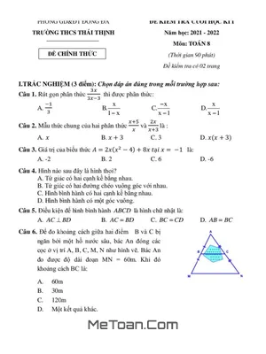 Đề thi học kì 1 Toán 8 năm 2021 - 2022 trường THCS Thái Thịnh - Hà Nội