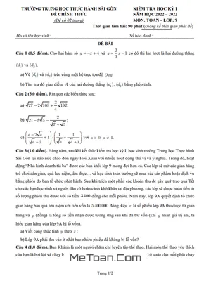 Đề thi học kỳ 1 Toán lớp 9 năm 2022 – 2023 trường THCS Thực hành Sài Gòn - TP.HCM