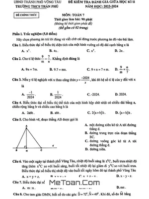 Đề thi giữa học kì 2 Toán 7 năm 2023 - 2024 trường THCS Trần Phú - BR VT