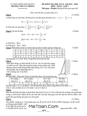 Đề thi học kì 2 Toán 7 năm 2019-2020 trường THCS Lý Phong - TP HCM có đáp án