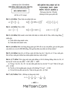 Đề thi học kì 2 Toán lớp 6 năm 2019 - 2020 trường THCS Quang Trung - TP.HCM