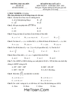 Đề thi giữa kỳ 1 Toán 9 năm 2020 - 2021 trường THCS Ba Đồn - Quảng Bình (có đáp án)