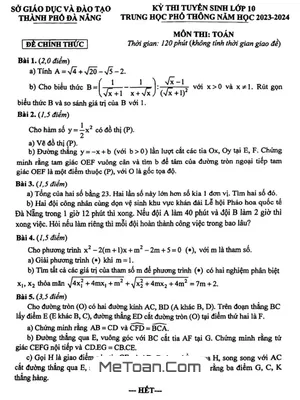 Đề thi Toán vào lớp 10 Đà Nẵng năm 2023 - 2024