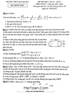Đề thi thử Toán vào 10 lần 3 năm 2022 trường THCS Quỳnh Mai – Hà Nội