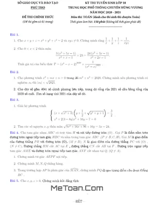 Đề thi vào lớp 10 môn Toán (chuyên) trường THPT Chuyên Hùng Vương - Phú Thọ năm học 2020 - 2021