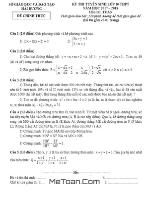 Đề thi tuyển sinh lớp 10 môn Toán năm 2017 - 2018 sở GD&ĐT Hải Dương