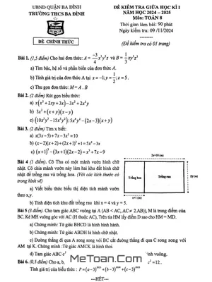 Đề thi giữa kì 1 Toán 8 năm 2024 - 2025 trường THCS Ba Đình - Hà Nội