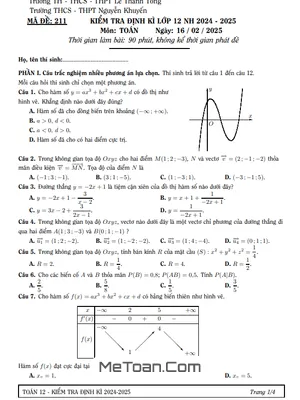 Đề kiểm tra Toán 12 năm 2024 - 2025 trường Nguyễn Khuyến & Lê Thánh Tông - TP HCM (16/02/2025)