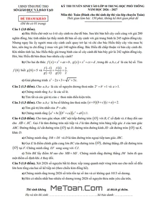 Cấu Trúc Đề Tham Khảo Tuyển Sinh Lớp 10 Môn Toán (chuyên) 2026-2027 Sở GD&ĐT Phú Thọ