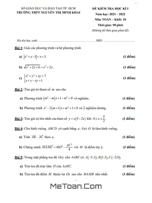 Đề thi học kì 1 Toán 10 năm 2021 - 2022 trường THPT Nguyễn Thị Minh Khai - TP HCM