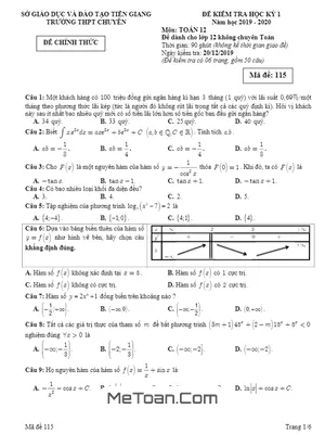 Đề thi học kì 1 Toán 12 năm 2019 - 2020 trường THPT chuyên Tiền Giang