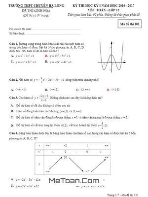 Đề thi HK1 Toán 12 năm học 2016 - 2017 trường THPT chuyên Hạ Long