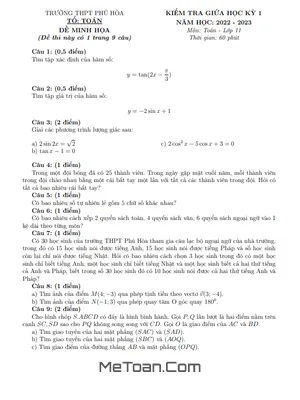 Đề minh họa giữa kỳ 1 Toán 11 năm 2022 – 2023 trường THPT Phú Hòa – TP HCM