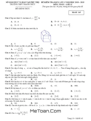 Đề kiểm tra KSCL Toán 12 lần 1 năm 2018 - 2019 trường Thanh Thủy - Phú Thọ