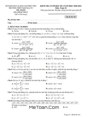 Đề thi học kỳ 2 môn Toán lớp 10 năm 2020 - 2021 trường THPT Ngô Gia Tự - Phú Yên