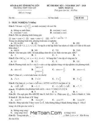 Đề thi học kỳ 1 Toán 11 năm 2017 - 2018 trường THPT Yên Mỹ - Hưng Yên (có đáp án)