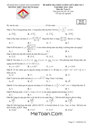 Đề kiểm tra chất lượng giữa HK1 Toán 12 năm 2018 - 2019 trường Trần Hưng Đạo - Nam Định
