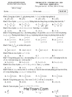 Đề thi học kỳ 2 môn Toán lớp 12 năm 2019 - 2020 trường THPT Long Thạnh - Kiên Giang (Có đáp án)