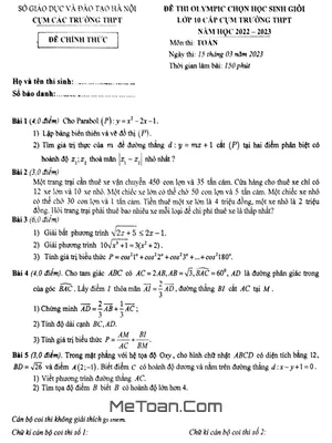 Đề thi Olympic Toán 10 năm 2022 - 2023 cụm các trường THPT - Hà Nội