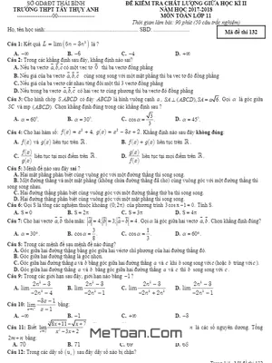 Đề kiểm tra chất lượng giữa HK2 Toán 11 trường Tây Thụy Anh – Thái Bình