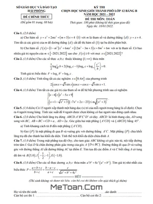 Đề thi HSG Toán 12 năm 2021 - 2022 sở GD&ĐT Hải Phòng và lời giải chi tiết