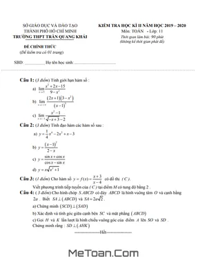 Đề thi học kì 2 Toán 11 năm 2019 - 2020 trường THPT Trần Quang Khải - TP HCM (có đáp án)