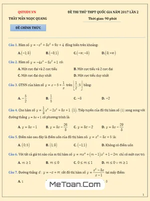 Đề thi thử THPT Quốc gia 2017 môn Toán lần 2 - Mẫn Ngọc Quang (Có đáp án)