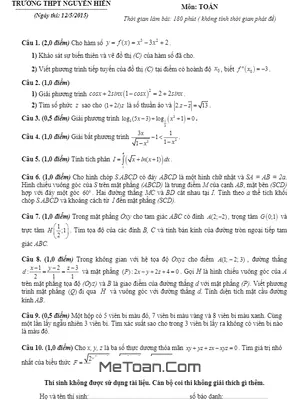 Đề thi thử THPT Quốc gia 2015 môn Toán trường THPT Nguyễn Hiền – Đà Nẵng