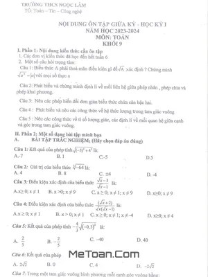 Ôn Tập Giữa Học Kỳ 1 Toán 9 Năm 2023 - 2024 Trường THCS Ngọc Lâm - Hà Nội